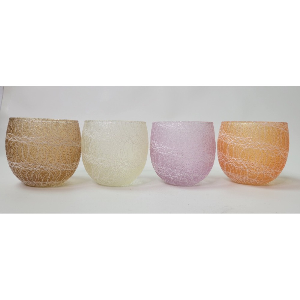 4 Vtg MCM Spaghetti String Shat-R-Pruf Roly Poly Lowball Glasses Orange Purple..